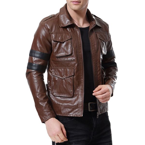 

kiovno men pu leather jackets coatsmulti pockets motorcycle faux leather short jackets outwear for male stand collar, Black
