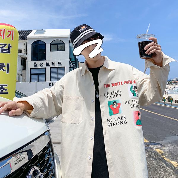 

2019 spring and autumn new recommended youth popular cotton loose printed long-sleeved shirt male black / beige -5xl, White;black