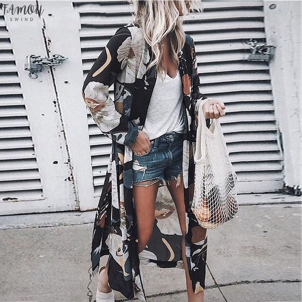 

floral print kimono cardigan chiffon long sleeve bohemia feamale tunic loose womens and blouses beach style shirts, White