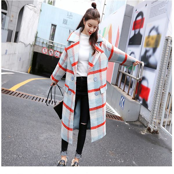 

2018 new autumn and winter korean retro long plaid woolen coat women's woolen coat large size thickening, Black