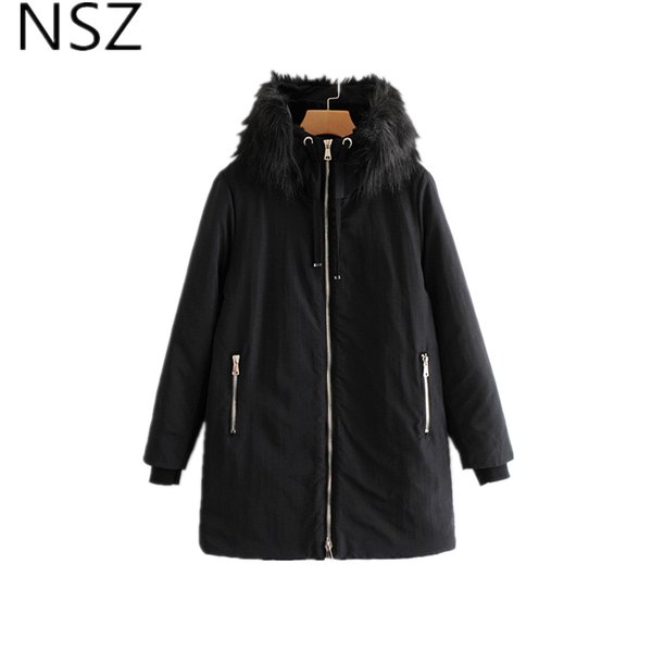 

nsz women fur collar winter long jacket hooded coat thick elegant zipper warm padded cotton outwear chic overcoat female, Black