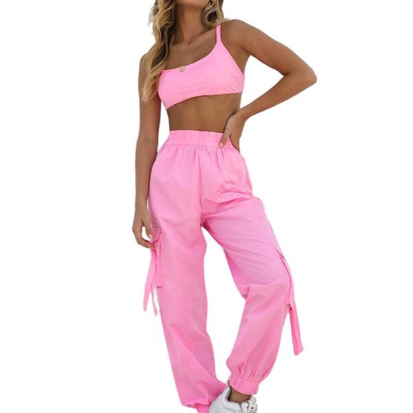 

women trasuit fashion sports set yoga cargo pants + sport bra women clothes suit solid jogging streetwear summer, White;black