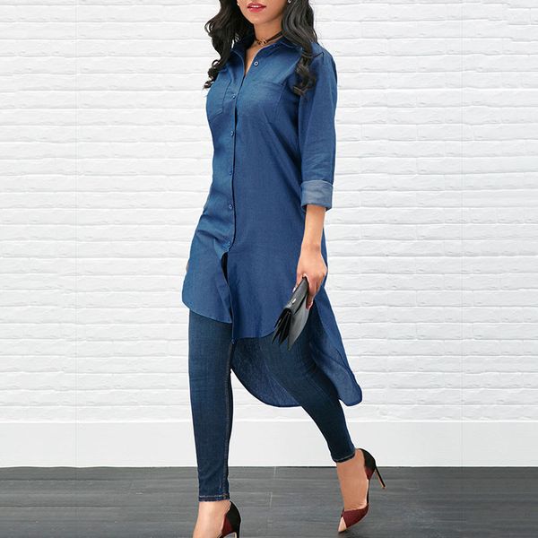 

women casual long sleeve jeans shirt turn down collar long denim xrq88, White
