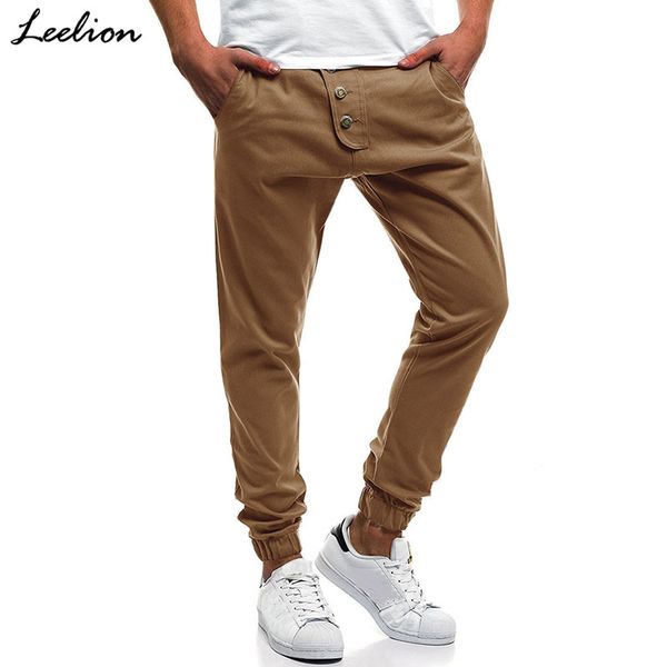 

leelion 2019 new pantalon hombre fashion casual pants men button patchwork beam foot trousers men solid pencil pant mens joggers, Black