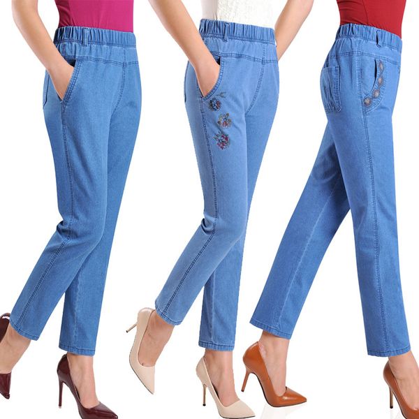 

jeans women autumn denim breeches embroidery jeans plus size 5xl high waist elasticity casual pants feminine jean calf lj0972, Blue