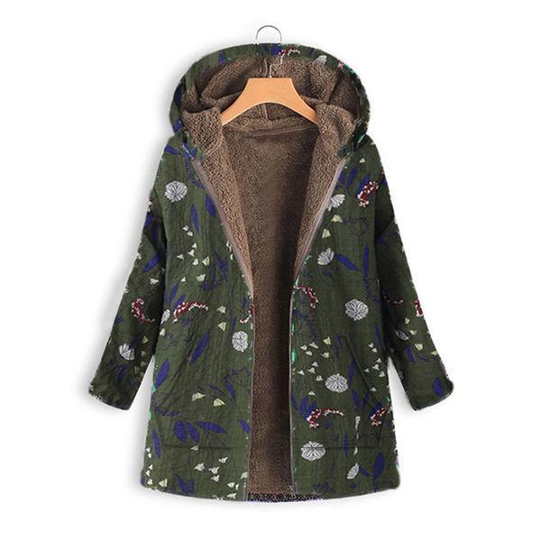 

new design vintage plus size womens print oversize coat jacket winter warm zipper outwear floral print hooded pockets coats, Tan;black