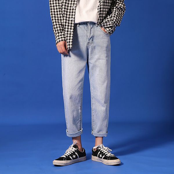 

audwhale summer loose men hip hop jeans mid waist casual straight solid men's denim loose cotton pants, Blue