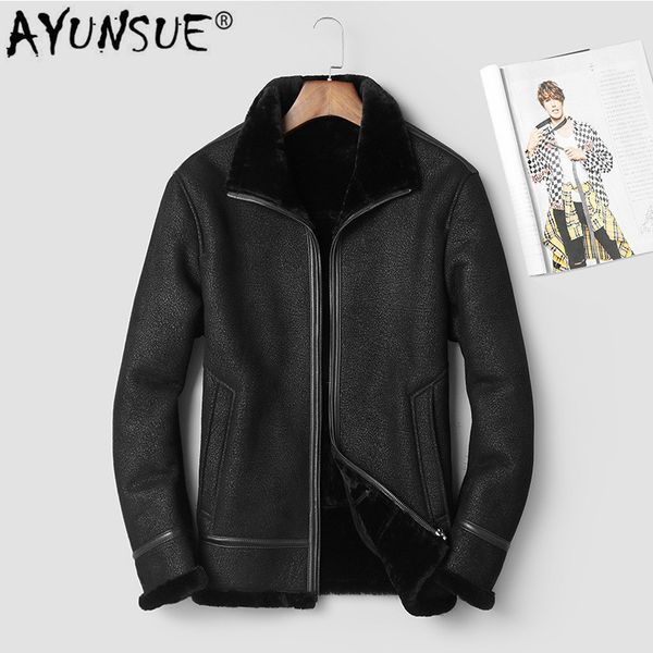 

ayunsue 2019 genuine leather jacket men winter sheepskin coat 100% wool lining vintage men's leather jackets 911-1 kj3000, Black