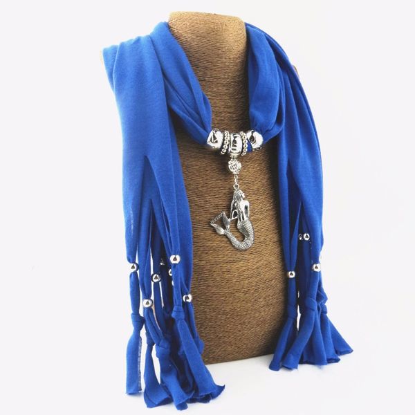 

fashion polyester tassel mermaid alloy pendant scarf solid color jewelry necklace women decorate necessary scarves 12 style