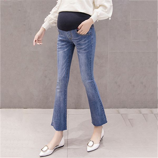 

2019 new spring winter fashion jeans for pregnant women flare pants trousers maternity jeans prenancy elastic long pants, White