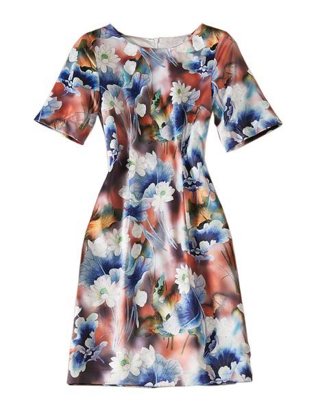 

luxury women flower print sheath dress round neck short sleeve casual dresses 07k1928, Black;gray