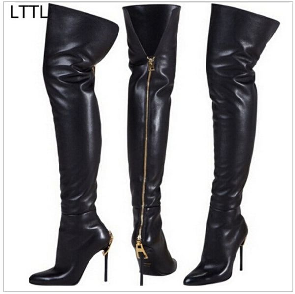 

winter women thigh high boots gold zipper embellished over the knee fashion booties pointed toe high heel boots tide dress shoes, Black