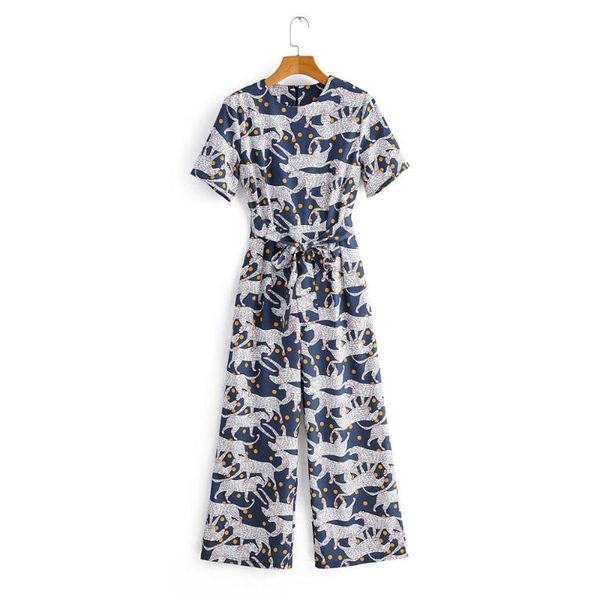 

2020 new women animal print casual jumpsuits ladies o neck short sleeve bow tied sashes wide leg pants chic pockets siamese p605, Black;white
