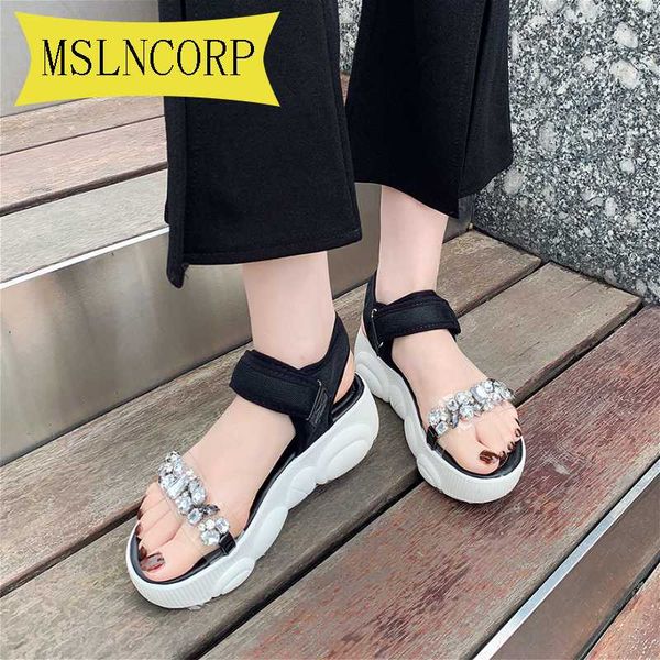 

plus size 34-46 platform big rhinestones pvc sandals women summer fashion transparent super high heels wedges sandalias mujer, Black