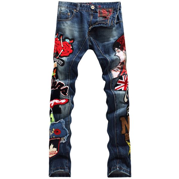 

new fashion brand europen american style cotton patchwork men denim trousers colorful jeans luxury slim straight jeans 597#, Blue