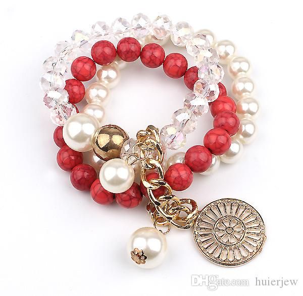 

wholesale-& bangles factory simulated-pearl black beads bracelets rose pendant stretch bracelets, Golden;silver