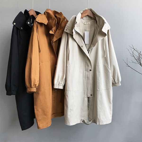 

women tooling hooded trench coat new spring autumn korean loose mid-long outerwear oversize cotton windbreaker female j420, Tan;black