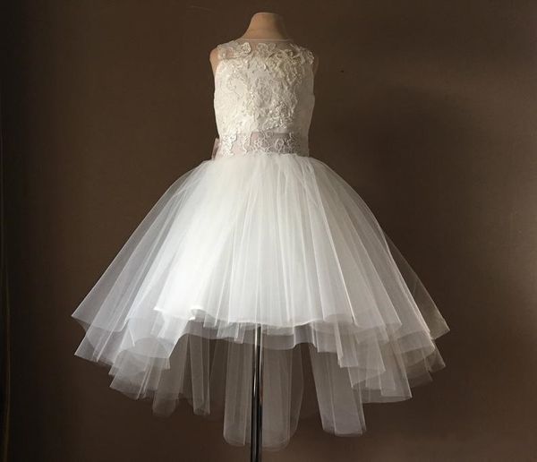 

customized flower girl dresses for wedding lace pearls bow kids children high low pageant communion gowns white ivory, Red;yellow