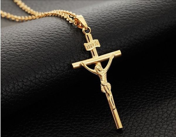 Collana in oro bianco 18 carati Gesù Cristo crocifisso con ciondolo a forma di croce Collana con catena a clavicola placcata gioielli di moda 2 colori