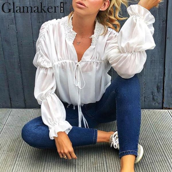 

glamaker lace up chiffon blouse ladies shirt summer autumn elegant ruffles sleeve pleated white shirt office blouse