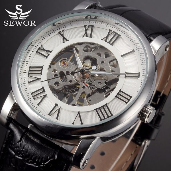 

fashion leather strap wristwatches skeleton mechanical watches men male clock relogio casual watch relojes montre homme, Slivery;brown