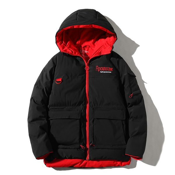 

ds men's clothing | 2019 new winter warm jacket ins trend english embroidery cotton men's hooded padded cotton clothing, Black;brown