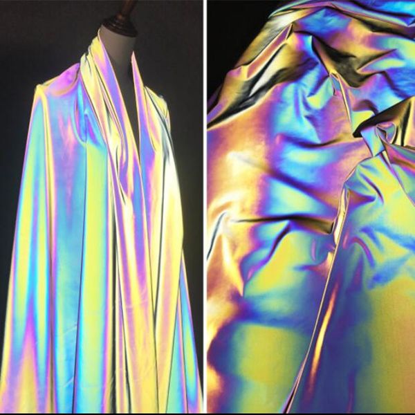 

155cm laser gradual change color micro elastic rainbow reflective fabric dress diy home textiles wedding cloth mesh polyester fabric c583, Black;white