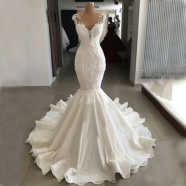 

новый arribal sheer шеи русалка свадебные платья изысканное кружево аппликация свадебные платья major бисером роскошные свадебные платья с о, White