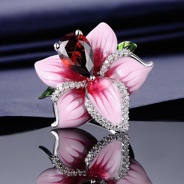

pink rose flower ring women rhinestone wedding rings for women vintage jewelry finger ring female boho party big rings ladies, Slivery;golden