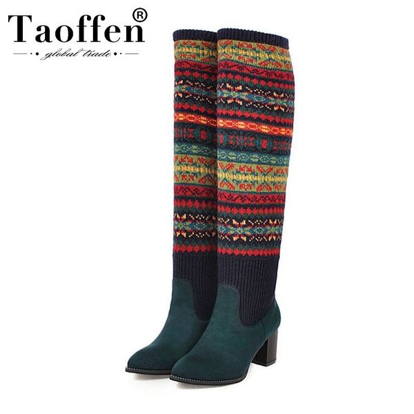 

taoffen plus size 33-48 colorful daily over the knee boots fashion high heels shoes women pointed toe winter warm botas, Black