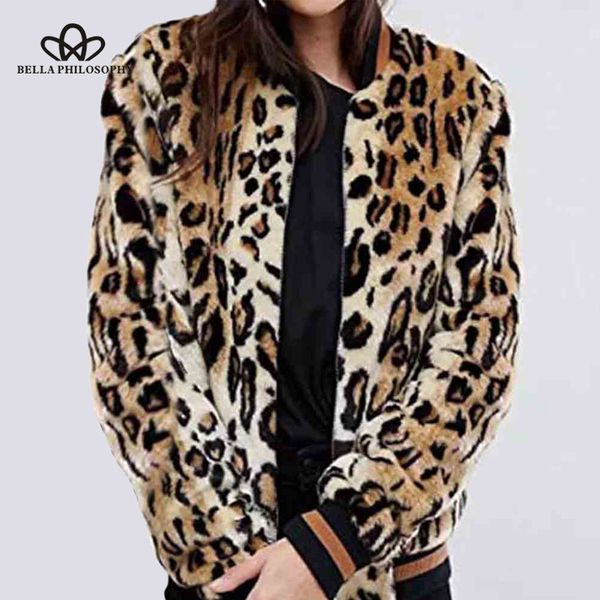 

bella philosophy autumn women leopard print short coat ladies faux fur zipper pocket outwear female casual thick fashion jacket, Black;brown