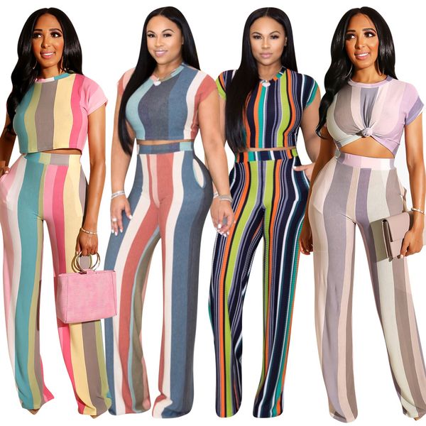

spot 2020 european spring and summer casual round neck short-sleeved pocket printed wide-leg pants two-piece suit, support mixed batch, White