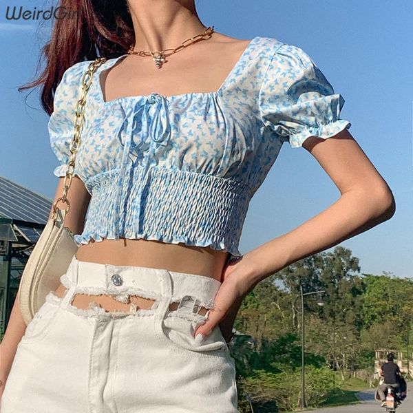

лето 2020 женщины бабочки печати вскользь футболки puff sleeve площадь шея подвязать crop top тонких женщин коротких тройников harajuku топы