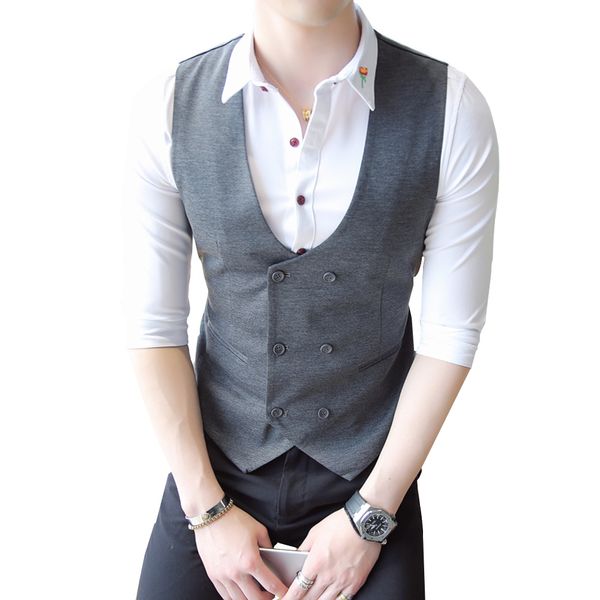 

double breasted vest suit mens slim fit solid color waistcoat british vintage blazer sleeveless jacket large size m-5xl, Black;white