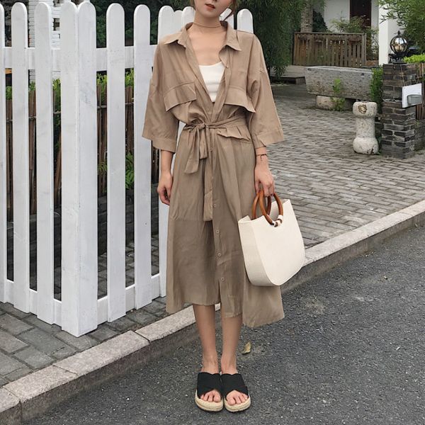 

plus size bandage single breasted sunproof shirt women thin trench coat 2019 summer autumn female long windbreaker outwear, Tan;black