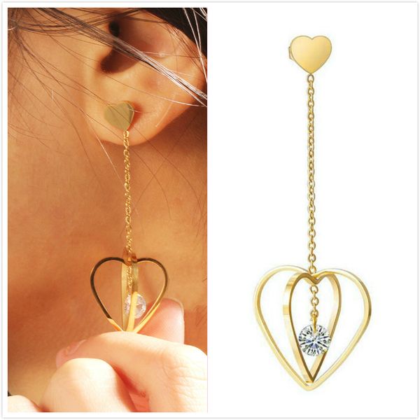 

personalized stainless steel cubic zirconia womens wind chime heart long dangle stud earring allergy proof earrings for women wholesale, Silver