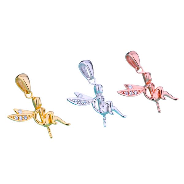 

sterling 925 silver women pendant angel cz fit 5-12mm round bead pearl semi mount pendant setting