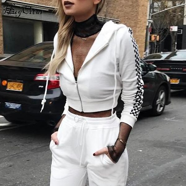 

hugcitar long sleeve black and white plaid zipper hooded crop 2018 autumn winter women fashion casual hoodies sweatshirts