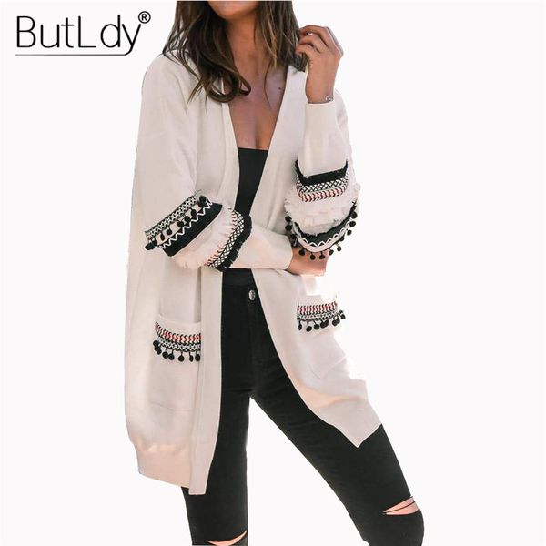 

knitted pockets tassel long cardigans vintage sweater autumn winter 2018 long sleeve ethnic coat women loose sweater outerwear, White;black