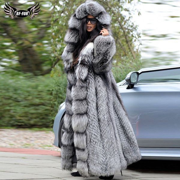 

luxury winter women long real silver fur coat with big hood thick warm wholeskin genuine fur jacket fashion overcoats, Black