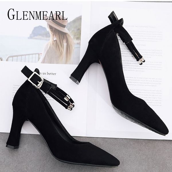 

women pumps shoes casual thick heels flock fashion high heels female point toe pumps large size 2020 new arrivals de, Black