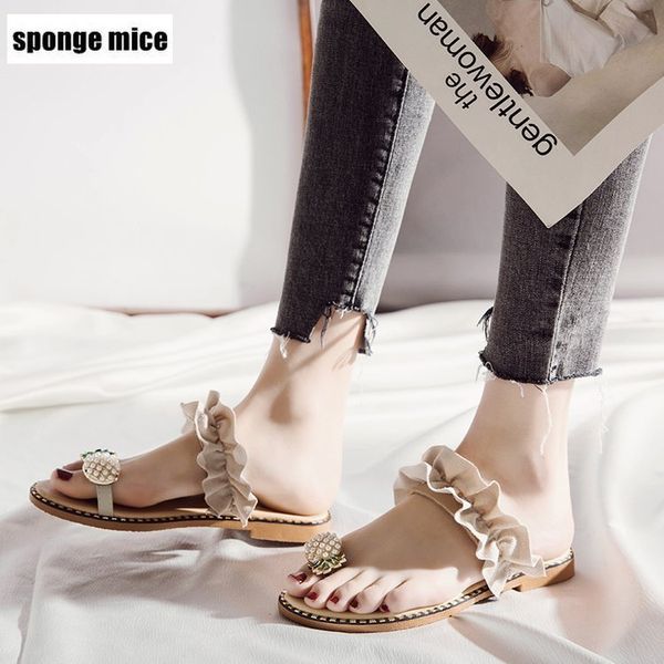 

2020 new summer flat heel women ladies sandals toe ring bohemia sandals with ananas flat shoe outdoor holiday slides 35-39, Black