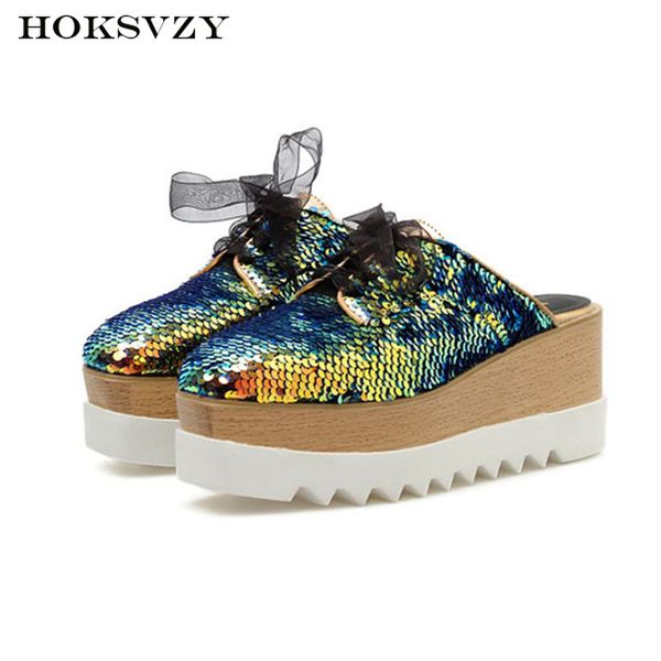

hoksvzy thick-soled platform shoes, british fashion sponge cake, colorful sequined wedges, high-heeled slippers shoes jxq, Black