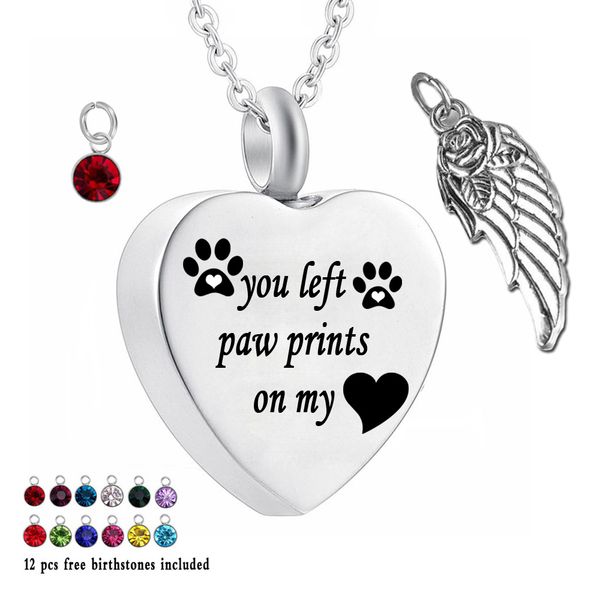 

you left paw prints on my 12 piece birthstone urn necklace heart memorial keepsake holder urn pendant ashes cremation jewelry, Silver
