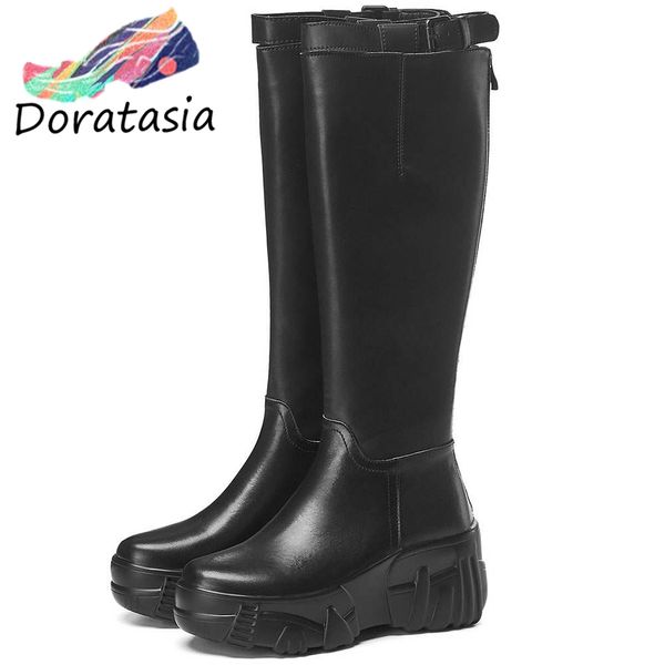 

doratasia new ladies elegant slip-on knee high boots women 2019 quality genuine leather wedges shoes woman high platform boots, Black