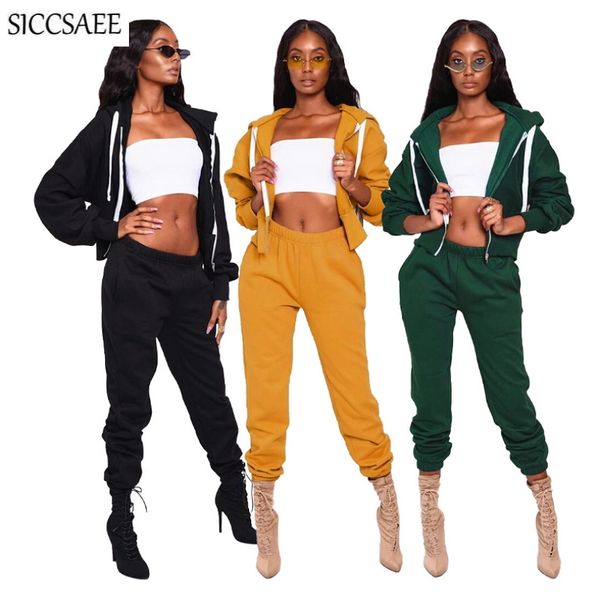 

2019 autumn winter tracksuit for women hoodies cardigan solid color thickening activewear 2 piece set casual sweat suit loose, White