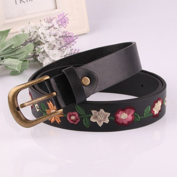 

ckmn] women's embroidery genuine leather belt for trousers fashion retro female belts ladies metal belt for jeans, Black;brown