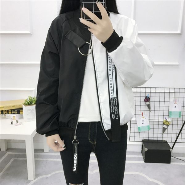 

fashion casual patchwork women bomber coats long sleeve jackets belt zipper flight jacket coat patchwork baseball outerwear, Black;brown