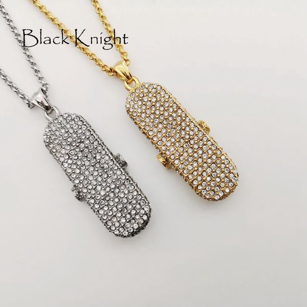 

black knight full rhinestones bling bling skateboard pendant necklace stainless steel hip hop rock skateboard necklace blkn0784, Silver