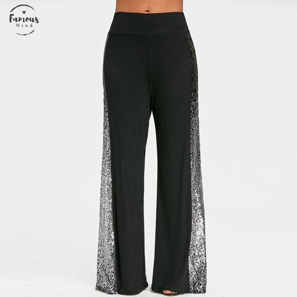 

new summer fashion womens casual wide leg pants gradient sequins insert maxi loose mid trousers wholesale hip n4, Black;white